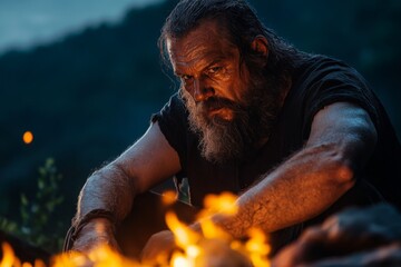 Poster - Man sitting near a fire in a dark forest, deep in thought during a serene evening