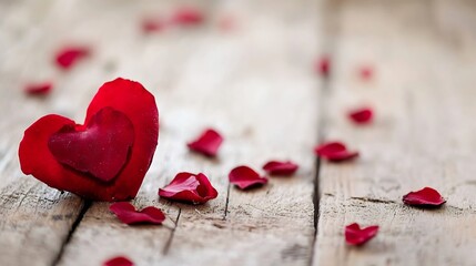 Poster - Romantic closeup of rose petals arranged in a heart shape on a rustic wooden surface : Generative AI