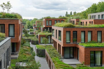 Poster - A carefully planned urban housing complex with green roofs . Green roofs atop a modern building, showcasing sustainable architecture and urban greenery.