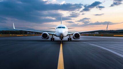 Poster - Large commercial airplane taxiing on an airport runway with a dramatic sky in the background : Generative AI