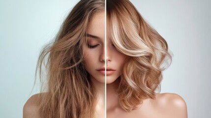 Poster - Transformation from dull to stylish hair showcasing dramatic change in appearance and confidence. Generative AI