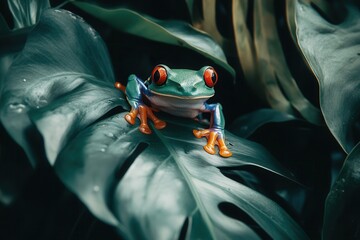 Wall Mural - A captivating shot of a vibrant red-eyed tree frog perched on a tropical leaf in a lush rainforest . A frog with striking red eyes perched on a vibrant green leaf,