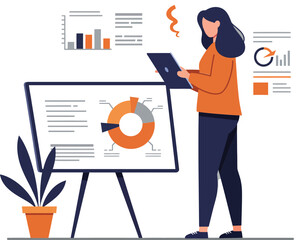 Poster - Businesswoman analyzing data with charts in flat vector art style