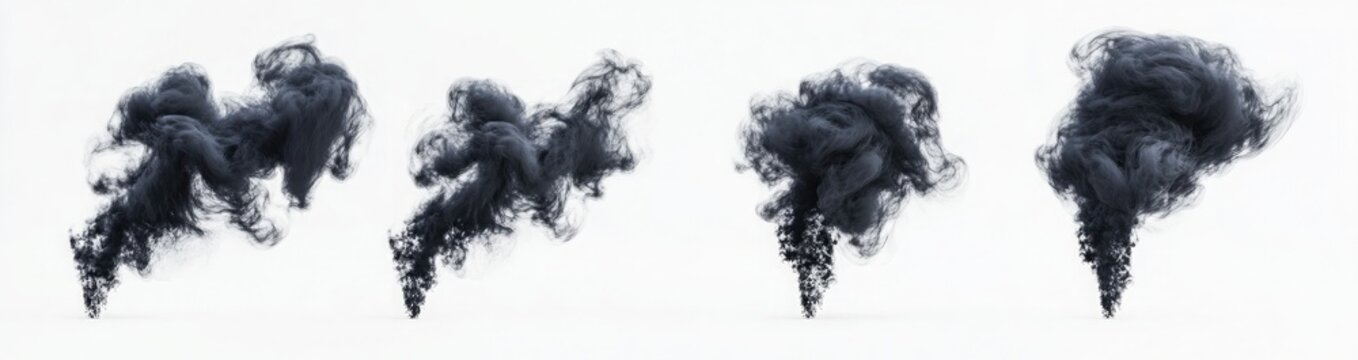 A set of smoke in black color, isolated on a white background, 3D rendering