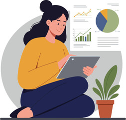 Poster - Woman using tablet in modern workspace with charts and plant flat vector art