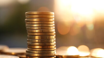 Poster - Stack of gleaming coins representing wealth and financial success against a soft sunset backdrop : Generative AI