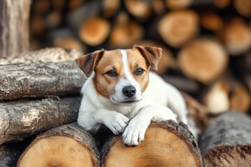 Poster - Cute dog relaxing on a stack of logs in a rustic outdoor setting during daylight hours. Generative AI