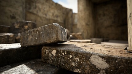 Fototapete - Weathered stone bricks stacked up in a historic ruin showcasing texture and age for architectural enthusiasts : Generative AI