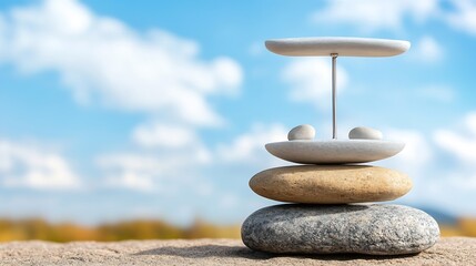 Fototapete - Balanced stone stack against a bright blue sky creating a sense of tranquility : Generative AI