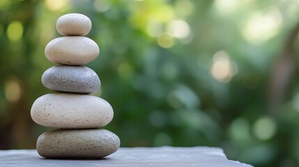 Fototapete - Stack of smooth pebbles arranged in a tranquil pyramid formation sitting atop a soft stone surface amidst a lush green background : Generative AI
