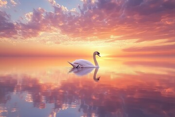 Wall Mural - A captivating image of a graceful swan gliding across a calm, mirror-like lake at sunrise. A serene swan glides across a tranquil lake, illuminated by the soft hues of sunrise.