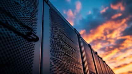 Aufkleber - Industrial Metal Fence with Stunning Sunset Reflections and Vibrant Colors in the Sky : Generative AI
