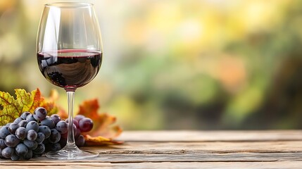Aufkleber - Elegant Red Wine Glass with Fresh Grapes and Autumn Leaves on Rustic Wooden Table : Generative AI