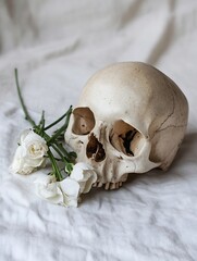 Poster - Realistic skull with delicate white flowers on a textured fabric background : Generative AI