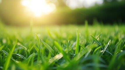 Poster - Closeup of fresh green grass illuminated by sunlight creating a warm and inviting atmosphere : Generative AI