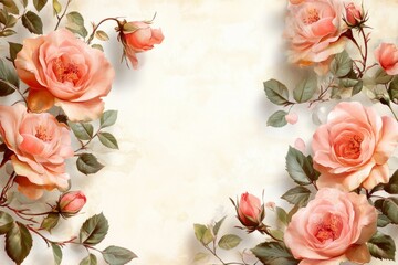 Poster - Peach roses and buds create a beautiful floral frame on a vintage, textured background, offering a romantic and elegant design