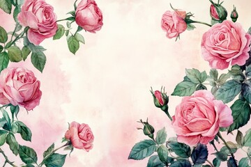 Poster - Watercolor painting of pink roses and buds forming a delicate frame on a soft pink background