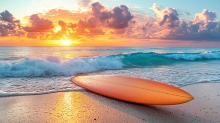 Poster - Sunset beach scene with surfboard; vibrant colors, waves, and clouds.  Possible use Travel brochure, tourism advertisement