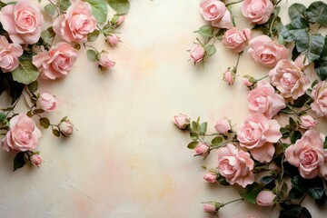 Poster - Watercolor painting of pink roses and buds forming a delicate frame on a soft pink background