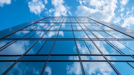 Aufkleber - Modern Skyscraper Reflecting Blue Sky and Clouds in a Bright Urban Landscape with Glass Facade : Generative AI