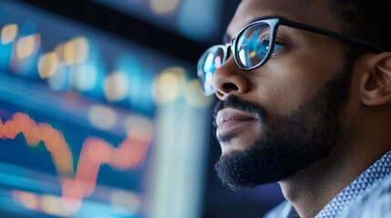 Leinwandbilder - Focused Young Black Man Wearing Glasses Analyzing Financial Data on Computer Screen : Generative AI