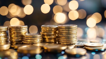 Aufkleber - Stacked gold coins with soft bokeh lights creating an alluring financial backdrop for wealth concepts : Generative AI