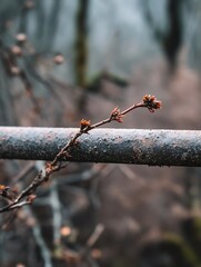 Wall Mural - CloseUp of Delicate Branch Featuring Blooming Buds Near Rusty Metal Pipe in Misty Forest : Generative AI