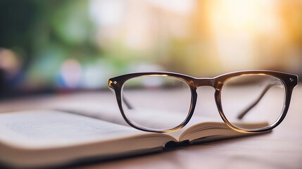 Poster - Closeup of reading glasses resting on an open book with soft natural light : Generative AI