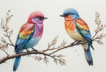 Naklejka na meble Colorful Birds on Branch Charming Illustration for Children's Art