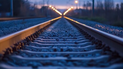 Aufkleber - Nighttime view of railway tracks leading into the distance illuminated by warm glowing lights : Generative AI