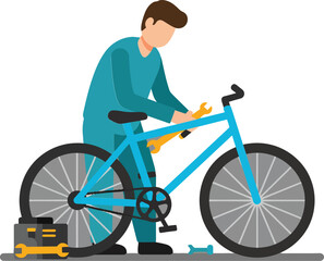 Poster - Bicycle repair process illustrated in a minimal flat design vector art