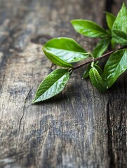 Poster - Fresh green leaves on a wooden background showcasing nature's beauty and tranquility : Generative AI