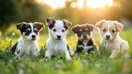 Poster - Four playful puppies sitting together on green grass illuminated by golden sunlight creating a heartwarming scene : Generative AI