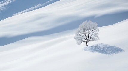 Poster - Solitary tree standing tall in a vast snowy landscape under a clear blue sky : Generative AI