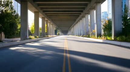 Aufkleber - Serene View of Underpass Road Surrounded by Lush Greenery and Tall Structures : Generative AI