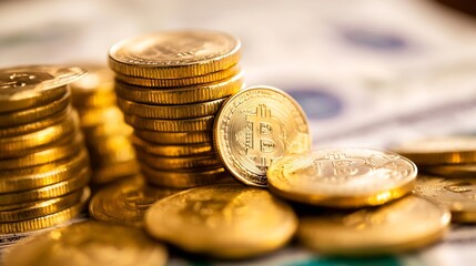 Aufkleber - Close up view of golden Bitcoin coins stacked on dollar notes representing cryptocurrency market trends : Generative AI