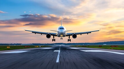 Poster - Commercial airplane in flight with captivating sunset sky as it approaches landing on travel journey : Generative AI