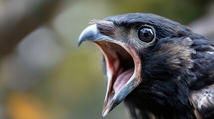 Poster - Magnificent close up of a raven bird with wide open beak clearly displaying details of its feathers and eye : Generative AI