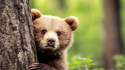 Poster - Cute brown bear peeking from behind a tree in a lush green forest setting : Generative AI