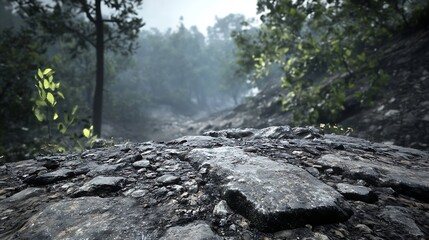 Poster - A rocky pathway surrounded by fog and greenery creating a mysterious forest atmosphere : Generative AI