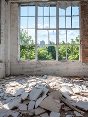 Aufkleber - Natural Light Streaming Through Large Windows in an Urban Abandoned Space with Debris on the Floor : Generative AI
