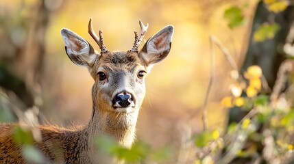 Poster - Closeup of a curious young deer surrounded by autumn foliage in a beautiful forest setting : Generative AI