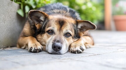 Poster - Closeup portrait of a sadeyed dog resting on the patio with a gentle expression : Generative AI