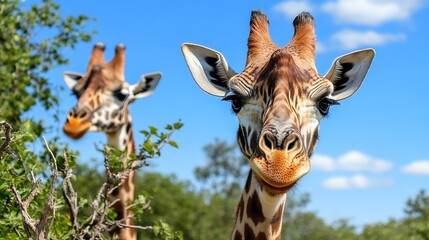 Poster - Closeup portrait of a curious giraffe standing among the foliage with another giraffe in the background : Generative AI