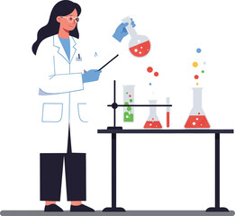 Poster - Scientist conducting experiments in a laboratory with colorful liquids flat vector illustration