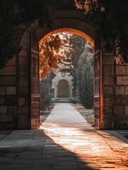 Aufkleber - Pathway through arched gates illuminated by warm sunlight in a serene garden setting. Generative AI