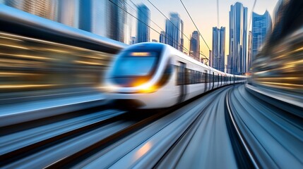 Aufkleber - Dynamic motion blur of a speeding train capturing urban energy at dusk : Generative AI