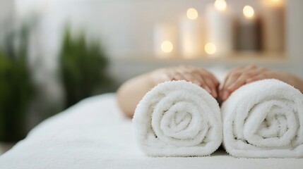 Poster - Luxury spa setting with neatly rolled white towels ready for a relaxing massage experience in a peaceful environment : Generative AI