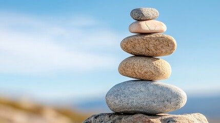 Leinwandbilder - Carefully balanced stones creating a tranquil stack against a bright blue sky : Generative AI