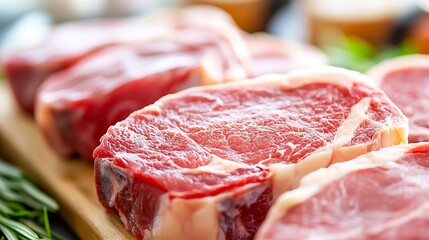 Poster - Freshly cut premium quality beef steaks laid out on a wooden chopping board ready for preparation : Generative AI
